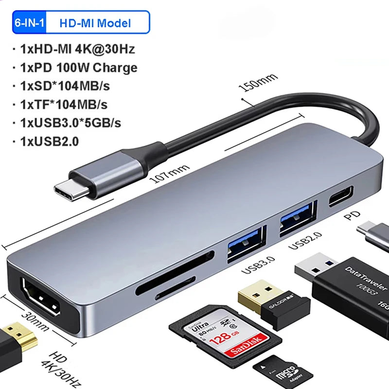 USB 3.0 Type-C Hub HDMI-compatible Adapter 4K Thunderbolt 3 USB C Hub 3.0 TF SD Reader Slot PD for MacBook Pro/Air/Huawei Mate