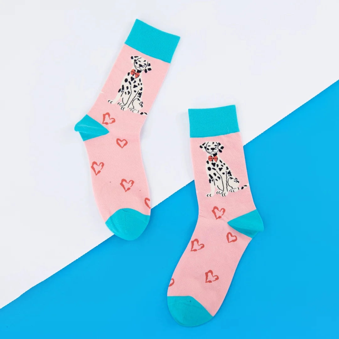 【Valentine's Day】1 Pair of Sweet Mid-calf Socks With Pink Heart Spotted Dogs,Versatile and Comfortable, Suitable For All Seasons
