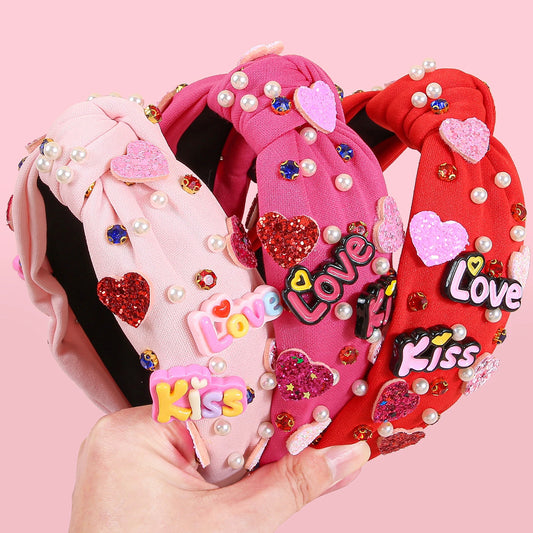 Fashion Valentine's Day Headbands for Women Glitter Heart Letter Hairbands Crystal Pearl Headband for Party Hair Accessories