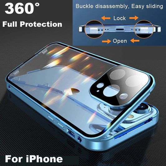 360 ° Full Protection Metal Magnetic Double-Sided Glass Snap Lock Phone Case For iPhone 16 Pro Max 14 11 12 13 15 Pro Max Cover