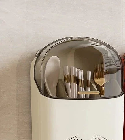 Kitchen Cutlery Storage Box Wall Mount Tableware Storage Holder with Lid Dustproof Spoon and Chopstick Organizer Drain Racks