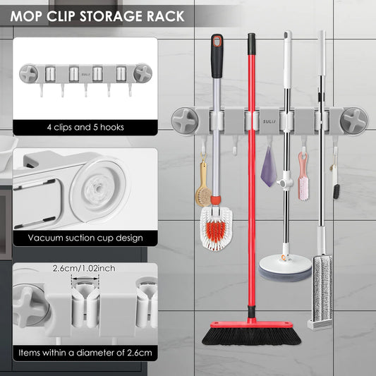 Upgrade Broom Holder Multifunctional Magic Mop Holder With Vacuum Suction Cup Wall-Mounted Broom Drain Bathroom Organizer NEW