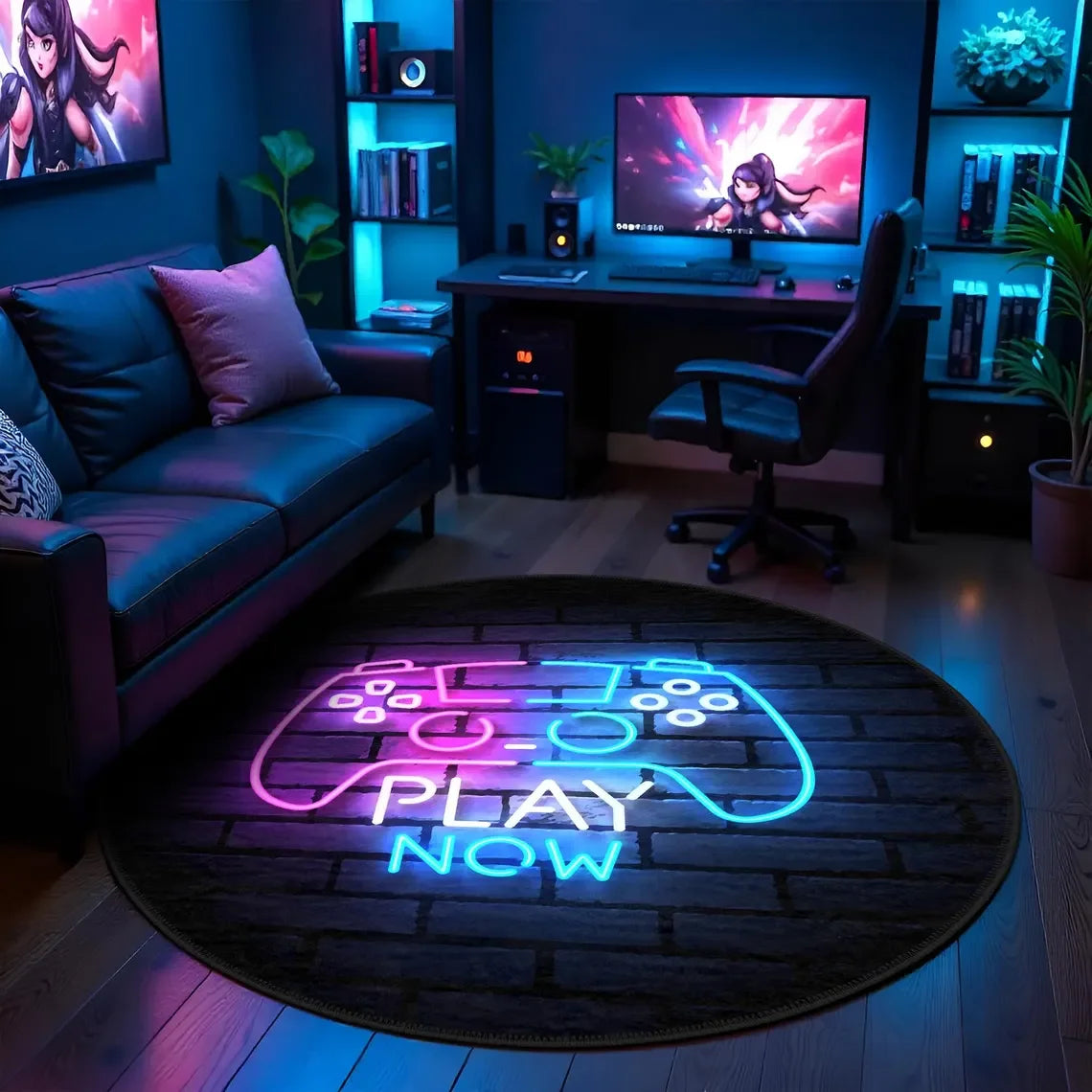 Gamer Controller Round Rug Cool Black Circuit Board Carpet for Gaming Rooms, Teens, Man Caves & Geek Decor Floor Mat