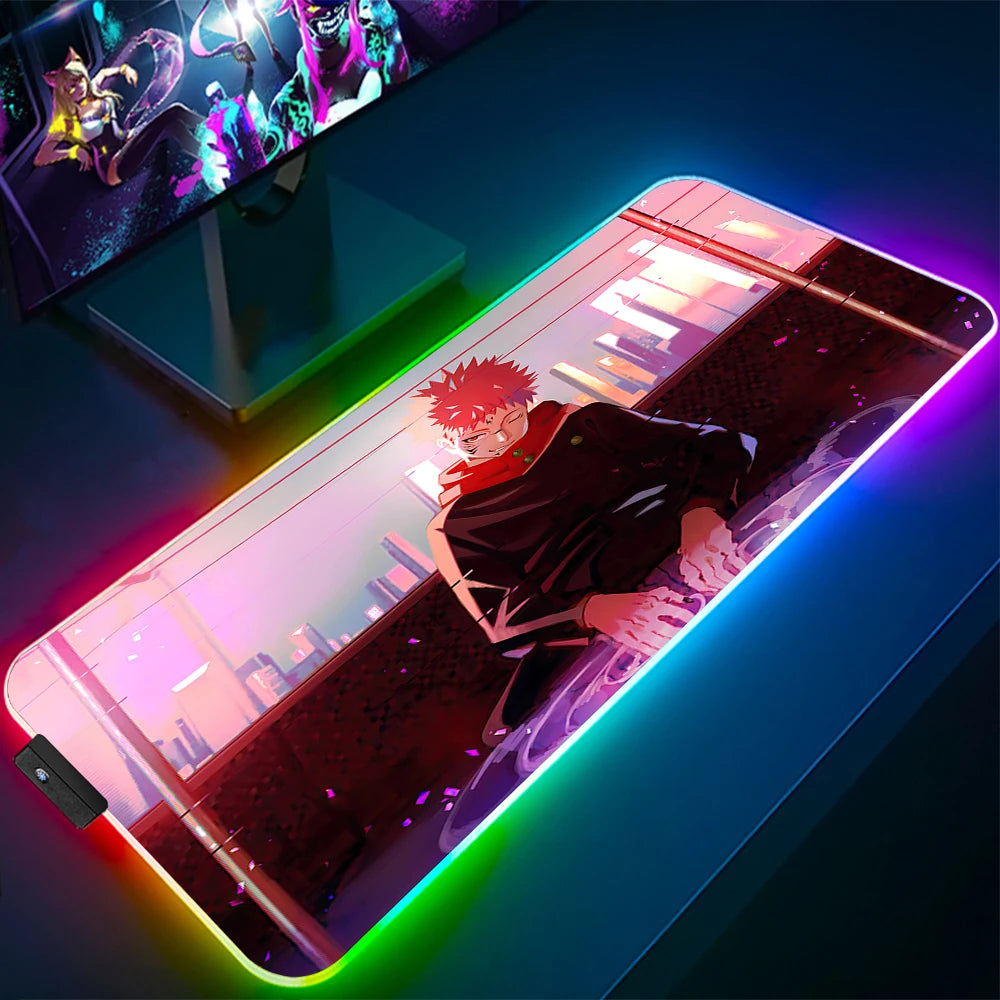 Jujutsu Kaisen Anime RGB Pc Gamer Keyboard Mouse Pad Gojo Satoru Mousepad LED Glowing Mouse Mats Rubber Gaming Computer Mats Xxl