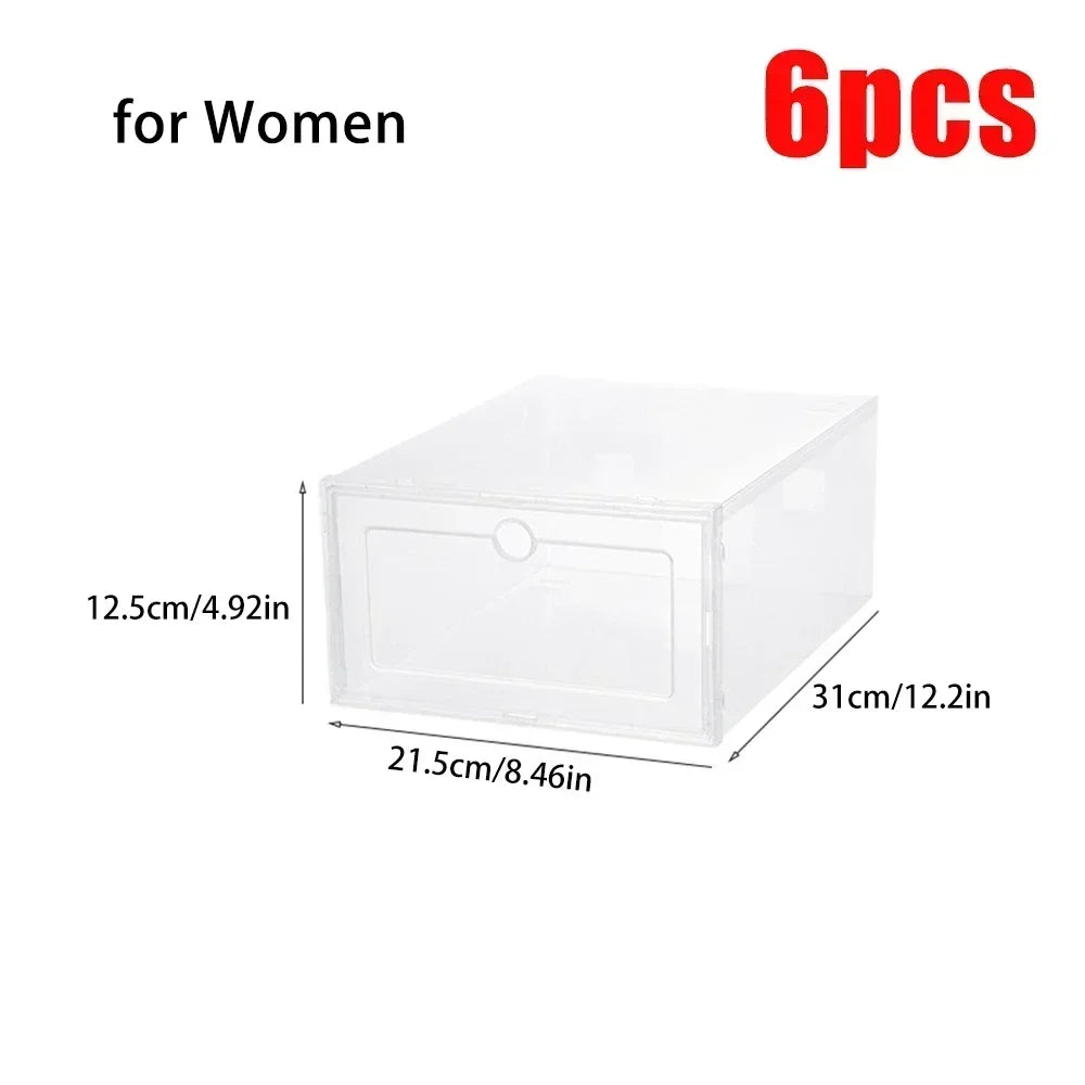 6pcs Transparent Shoe Boxes Stackable Shoe Cases Storage Plastic Shoes Box Dustproof Sneaker Boxes Shoes Furniture Organizers