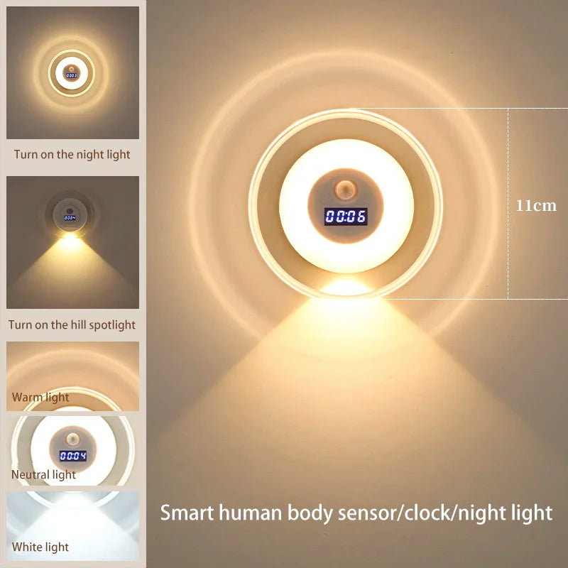 Smart LED Wall Lamp with Remote & Motion Sensor - Bedside Night Light with Clock & USB Charging