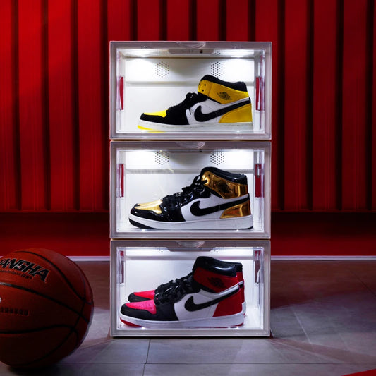 Sound Activated Plastic Led Shoe Box Container Magnetic Custom Giant Transparent Led Shoe Boxes Stackable Led Shoe Storage