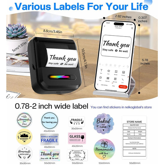 Mini portable thermal label printing machine - suitable for small businesses, offices, and homes, mobile wireless label barcode