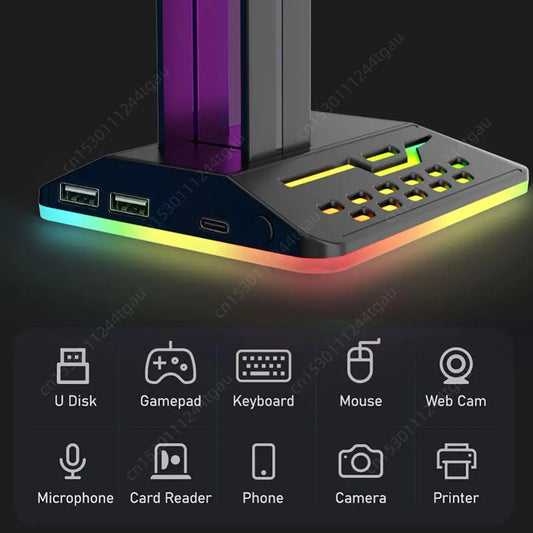 RGB Headphone Holder Rack Stand Desktop Gaming Headset Display 7 Colors 6 Monochrome Modes with Dual USB Output Type-C Input