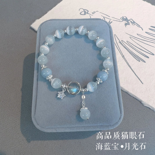 925 Sterling Silver Blue Treasure Moonlight Stone Crystal Bracelet for Women Luxury Elastic Hand Jewelry Fashion Gifts