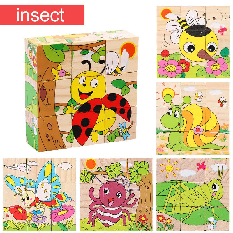Wooden Puzzle Six Sides Painted Three-Dimensional Traffic Animal Puzzle Building Blocks Montessori Early Education Toys TMZ