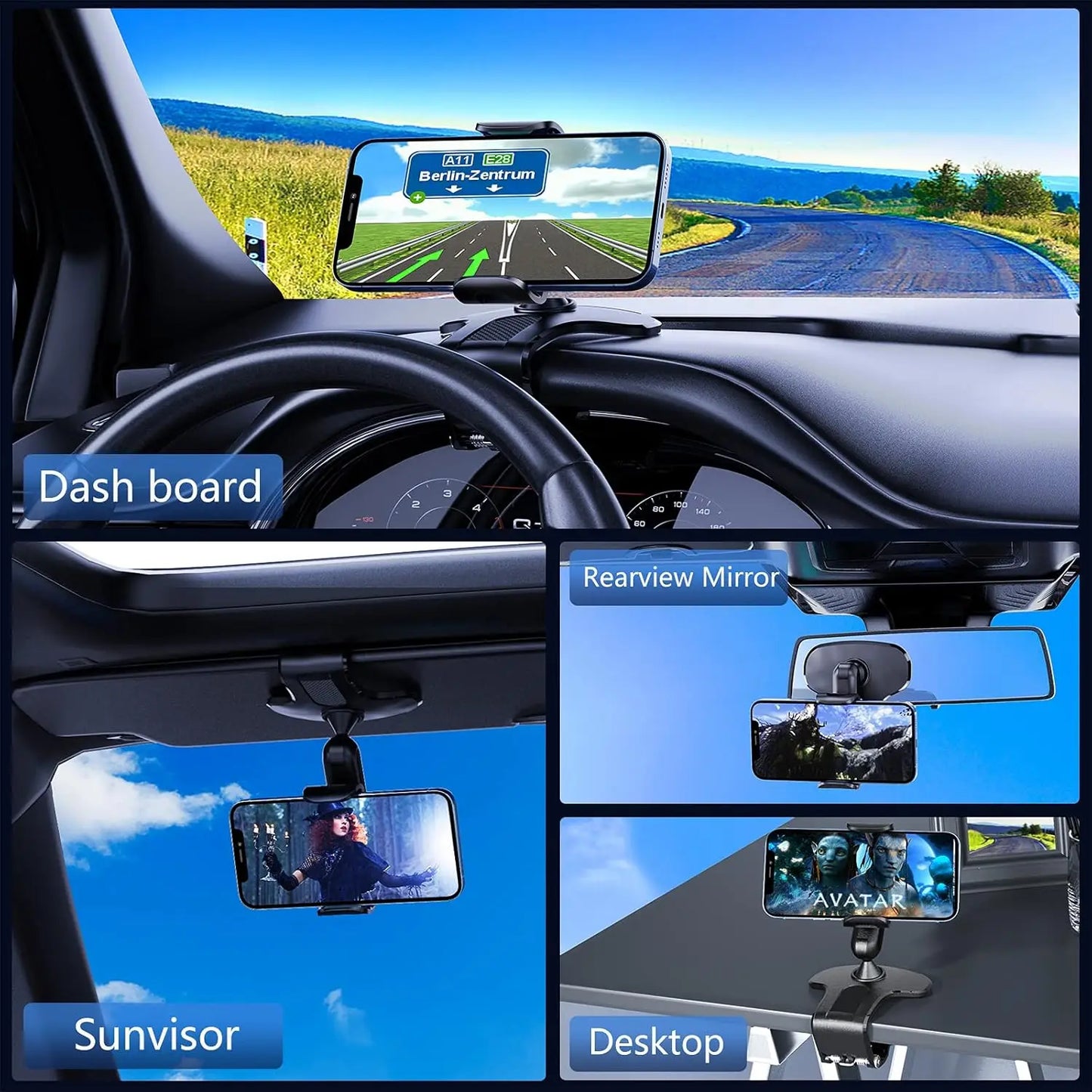 360 Degree Rotation Dashboard Cell Phone Holder for Car Clip Mount Stand Suitable for 4 to 7 inch Smartphones