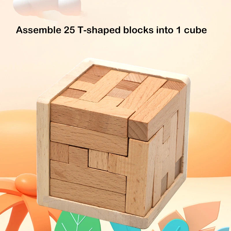 Wooden 3D Puzzles with 25 T-shaped Blocks,Classic Luban Lock Cube Puzzle Toys, Intellectual Game for children and adults