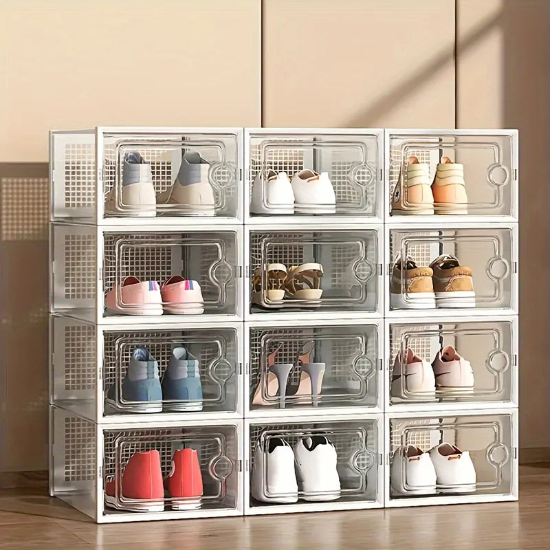 6 Pc Large Capacity Modular Space-Saving Shoe Box, Transparent Plastic Stackable with Lid, Sneaker Display Box, B