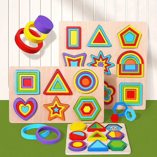 Wooden Geometric Shapes Colorful Montessori Puzzles Cognitive 3D Toddlers Education Board Math Sorting Games Children's toys