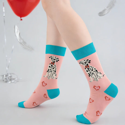 【Valentine's Day】1 Pair of Sweet Mid-calf Socks With Pink Heart Spotted Dogs,Versatile and Comfortable, Suitable For All Seasons