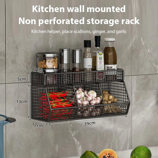 Kitchen Wall Mounted Storage Rack Vegetables Fruits Holder Onion Garlic Condiments Spice Double Layer Storage Shelf Organizer