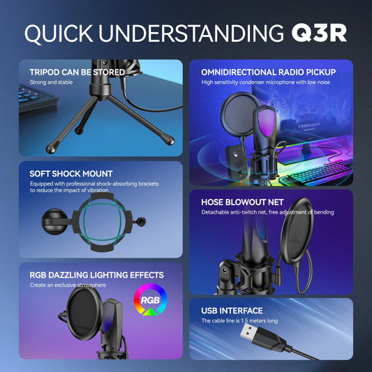 RGB Gaming Condenser Microphone,USB Gaming Microphone Kit for Laptops,PC Podcasts,Gaming,Voiceovers,Vocals & Instruments