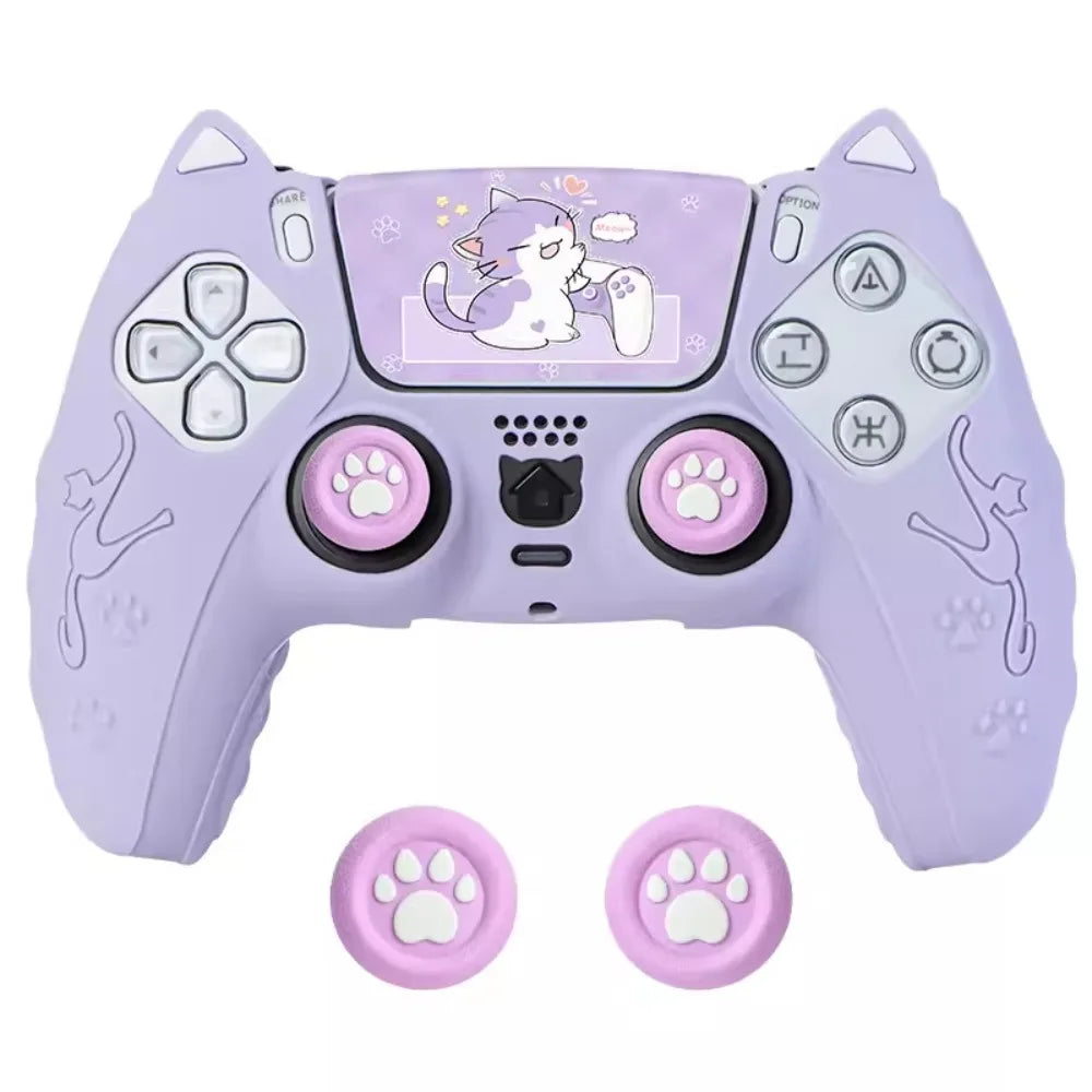 Silicone Controller Case Set with Thumb Grip Caps Cat Paw Controller Skin with Sticker Anti-slip Protective Shell Cover for PS5