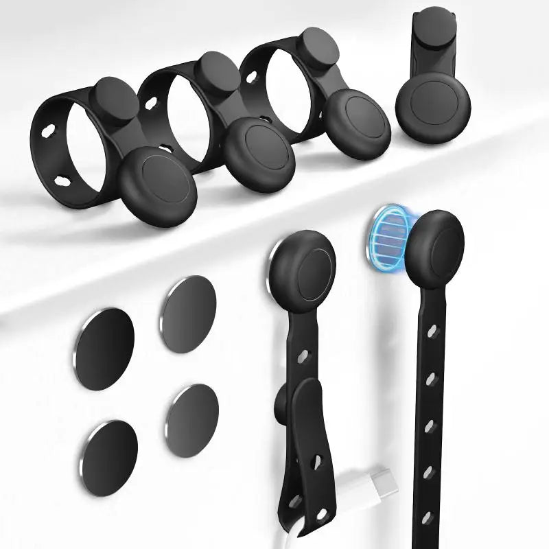 Magnetic Cable Ties With Adhesive Iron Sheet Reusable Silicone Wire Organizer With Buckle Holes Elastic Cable Management Straps