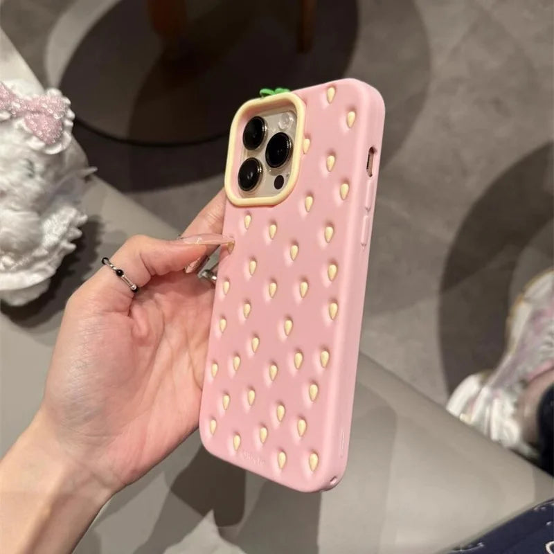 Cute girl pink strawberry shaped phone case for iPhone 12 13 14 15 16 pro max