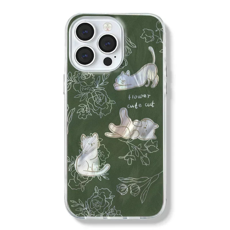 Feather Yarn Green Sketch Cat Phone Case for IPhone 16 15 14 13 12 11 Pro Max Plus Transparent Shockproof Hard Cover