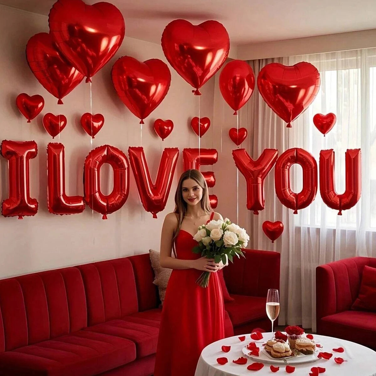 I LOVE YOU letter balloon set with heart-shaped aluminum foil balloons for Valentine's Day proposal, wedding party decoration