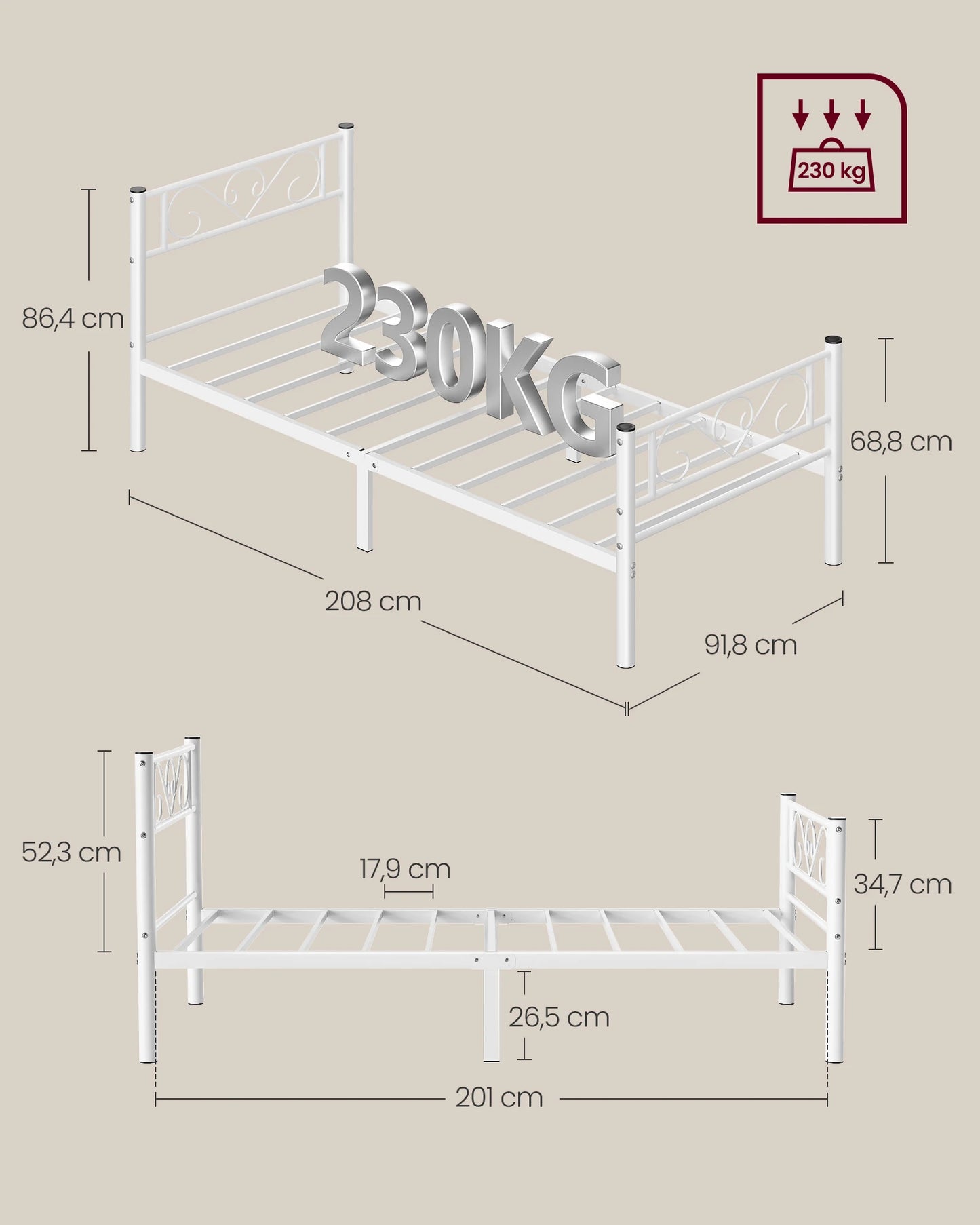 VASAGLE bed 90x200 cm, guest bed, single metal bed, bed rack, bed frame, metal bed, easy assembly