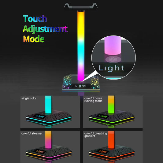 RGB Gaming Headset Stand LED Lights Headphone Stand Type-C & USB Charging Port Desk Lamp for Computer Room Bedroom Desktop