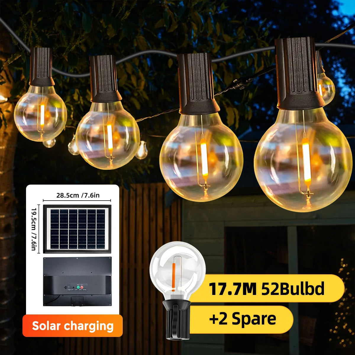 Solar String Lights Outdoor G40 Patio Lights, USB Recharger, 8 Light Modes, Shatterproof Bulbs , Weatherproof Hanging Light