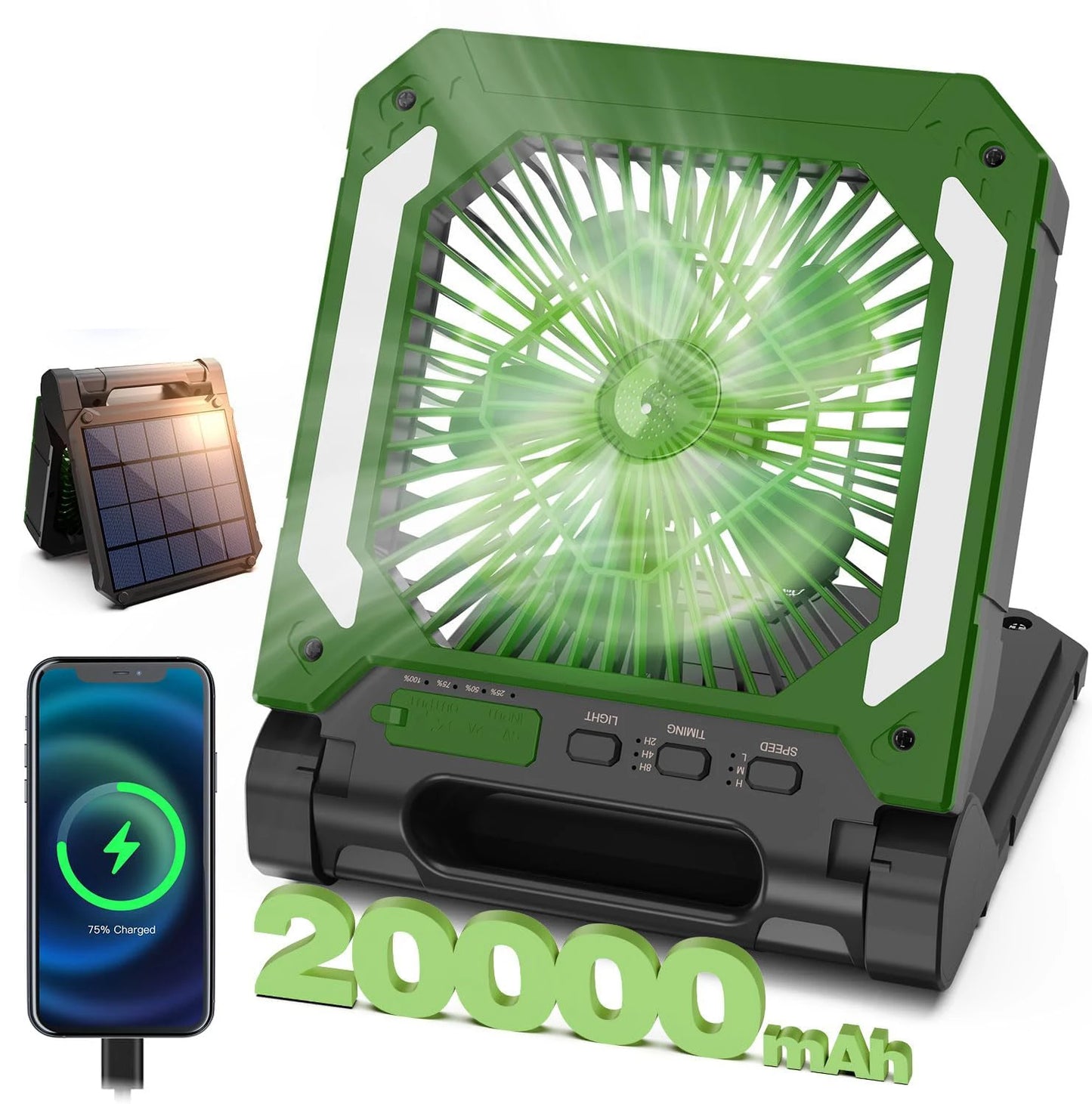 Portable Solar Camping Fan with Light,3Speeds Rechargeable 20000mAh Battery Powered&Timer&Hook&PowerBank for Hiking Picnic RV