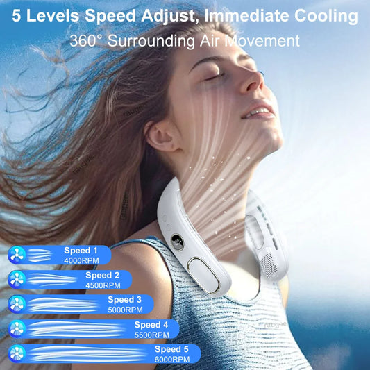 Portable Neck Fan USB Rechargeable Hanging Neck Fan Air Cooler Mini Bladeless Neckband Fan LED Digital Display Electric Fans