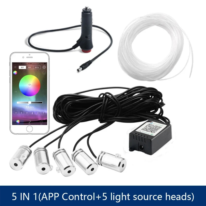 5 In 1 6 In 1 LED Car Atmosphere Light Cigarette USB 8M Interior RGB Flexible App Control Fiber Optic Strips Light with Remote