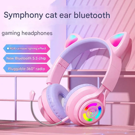 RGB Lighting Headphone For PC Computer iPad Cat Ear Gaming Headset Noise Reduction Headphones With Microphone Children Gift