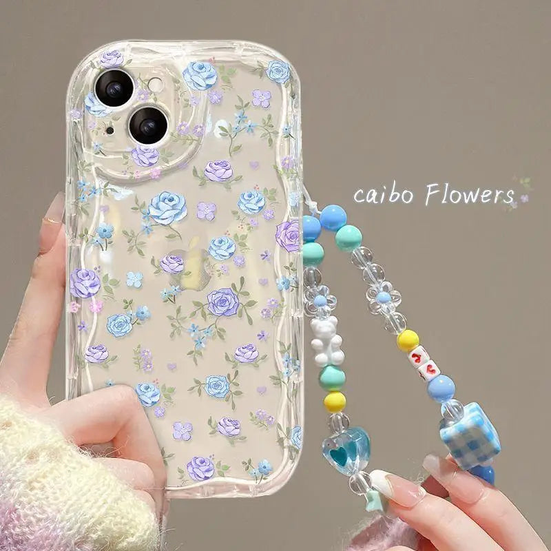Phone Case For iPhone 17 16 15 Pro Max 14 11 13 12 Mini Plus 16E 17 Air IPhone17 Back Cover Flower Bracelet Wrist Chain Strap