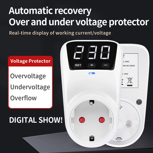 Digital Voltage Protector Automatic Power Surge Leakage Protector Socket AC 230V 16A EU Plug Socket Safe Refrigerator Protect