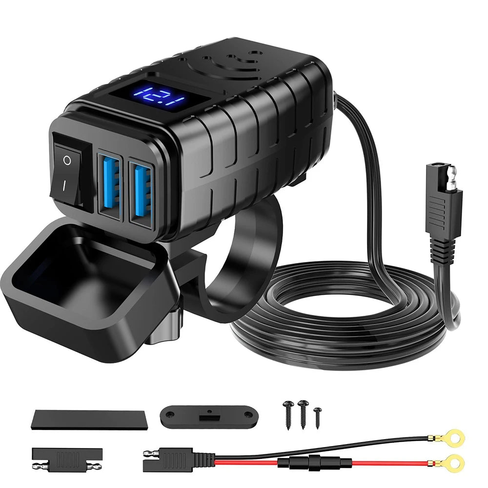 Motorcycle Phone Charger 48W Waterproof Motorcycle USB Charger Socket with Voltmeter & ON/Off Switch for Phone, Tablet, GPS