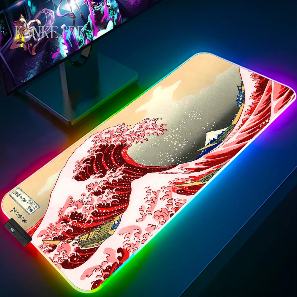 The Great Wave off Kanagawa RGB Gaming Mouse Pad Desk Mat LED Light Mousepad Artistic Computer Carpet With Backlit Mouse Pads
