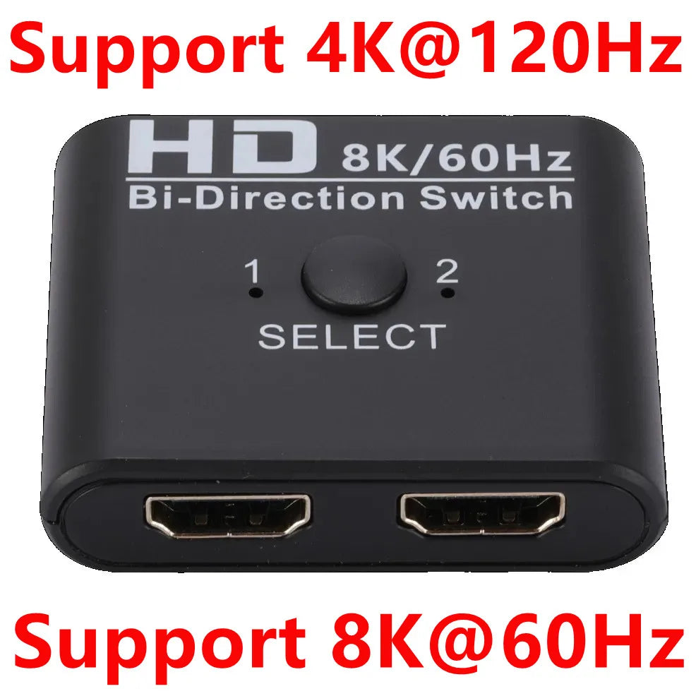 8K 60Hz HDMI Switch 4K 120Hz Bi-Direction 2 Ports HDMI Splitter Switch for Laptop PC Xbox PS3/4 TV Box to Monitor TV Projector