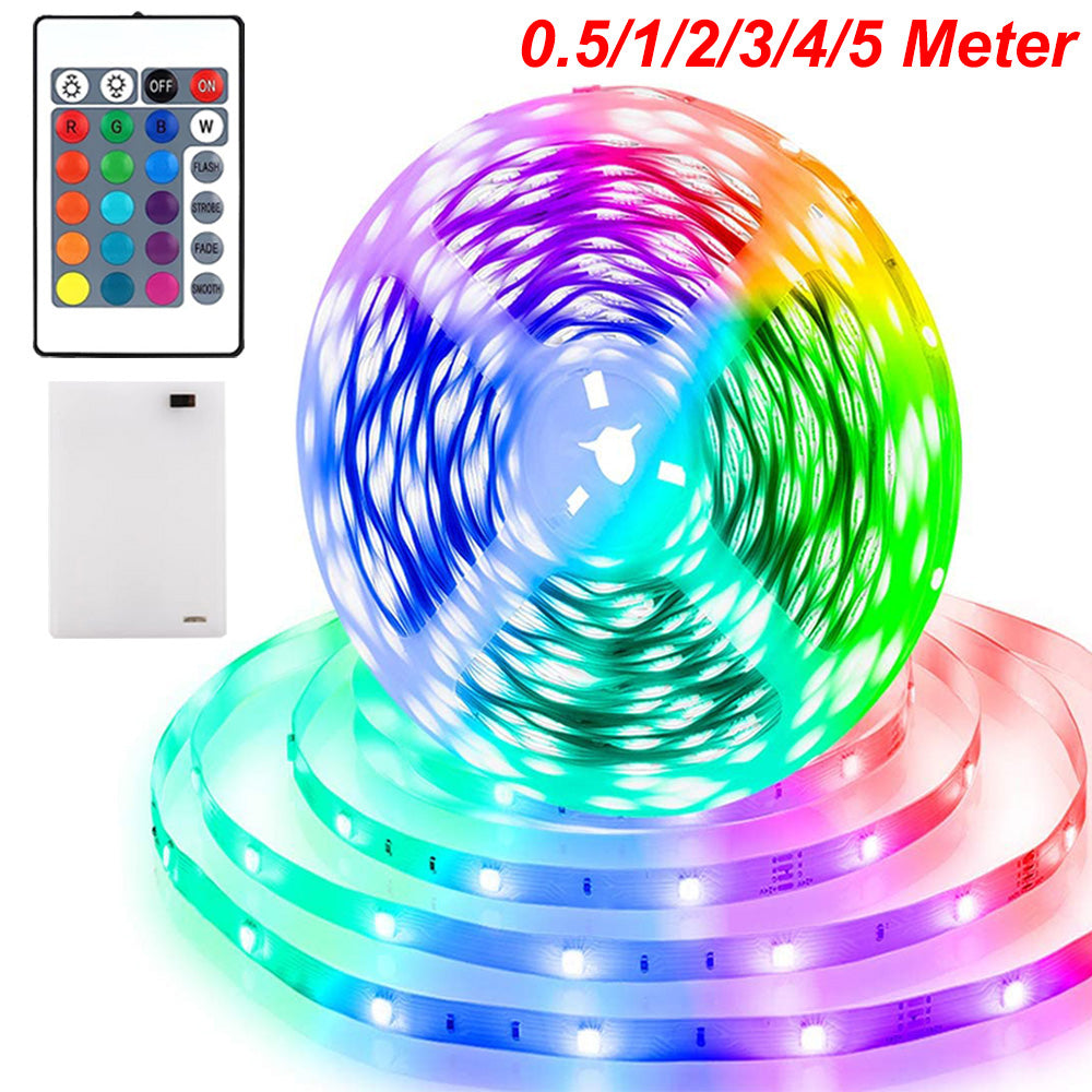 Battery LED Strip Lights RGB 5050 Color Changing TV Backlight IP65 Remote Control Indoor Outdoor Flexible Light Ribbon 1M-5M