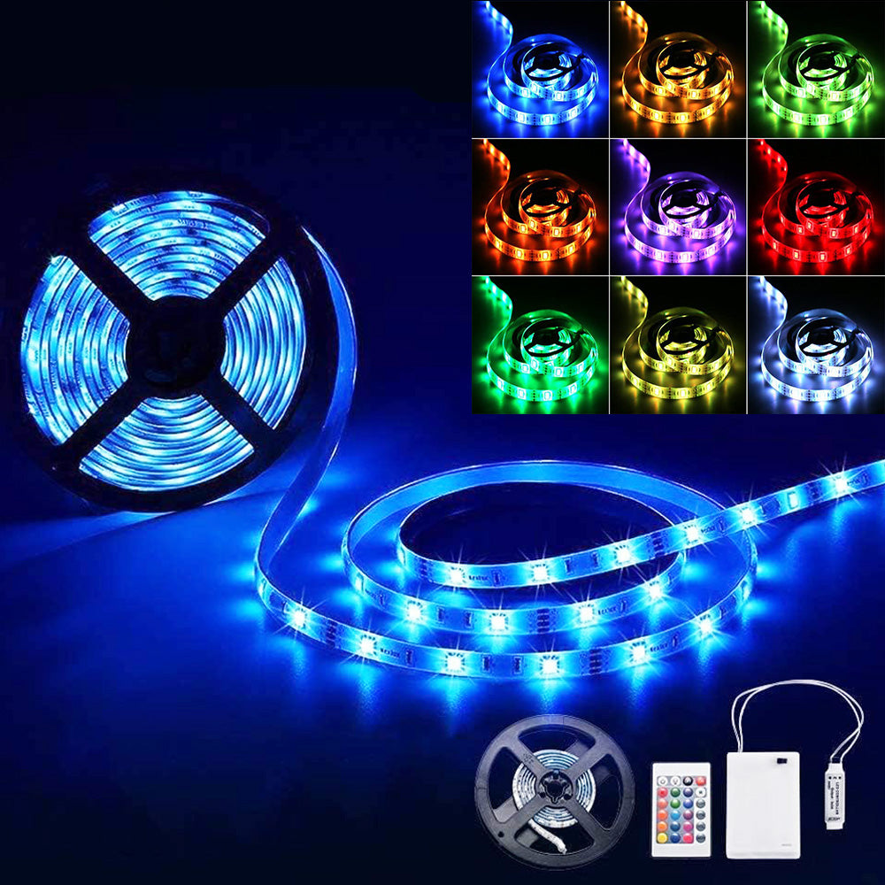 Battery LED Strip Lights RGB 5050 Color Changing TV Backlight IP65 Remote Control Indoor Outdoor Flexible Light Ribbon 1M-5M