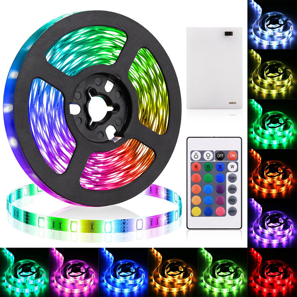 Battery LED Strip Lights RGB 5050 Color Changing TV Backlight IP65 Remote Control Indoor Outdoor Flexible Light Ribbon 1M-5M