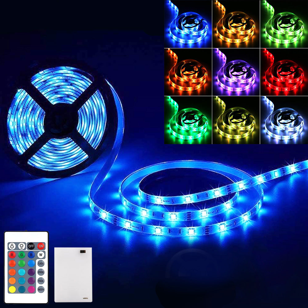 Battery LED Strip Lights RGB 5050 Color Changing TV Backlight IP65 Remote Control Indoor Outdoor Flexible Light Ribbon 1M-5M