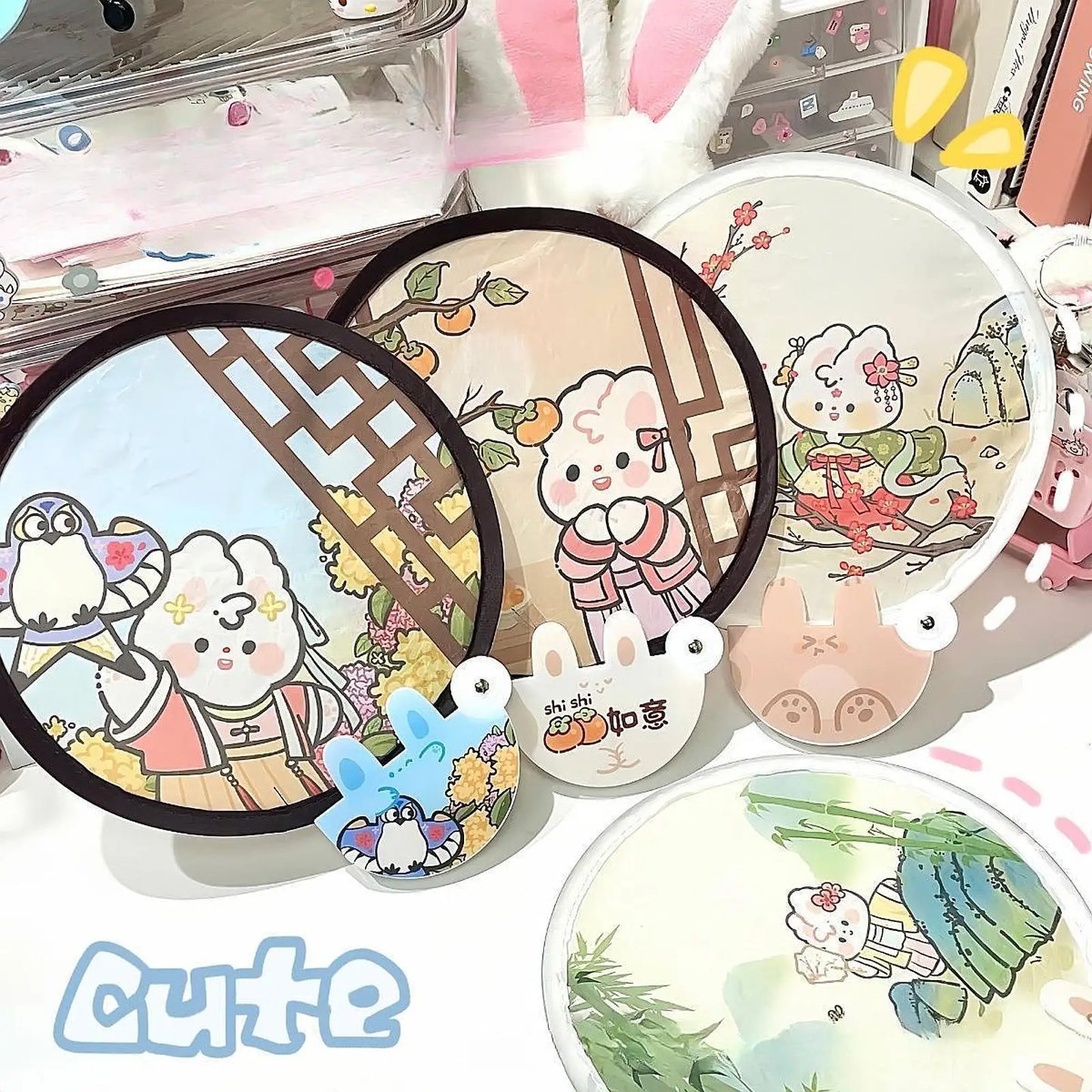 Foldable Fan Wear Resistant Photo Prop Waterproof Lovely Round Folding Fan for Wedding Party Favors Summer Outdoor Activity
