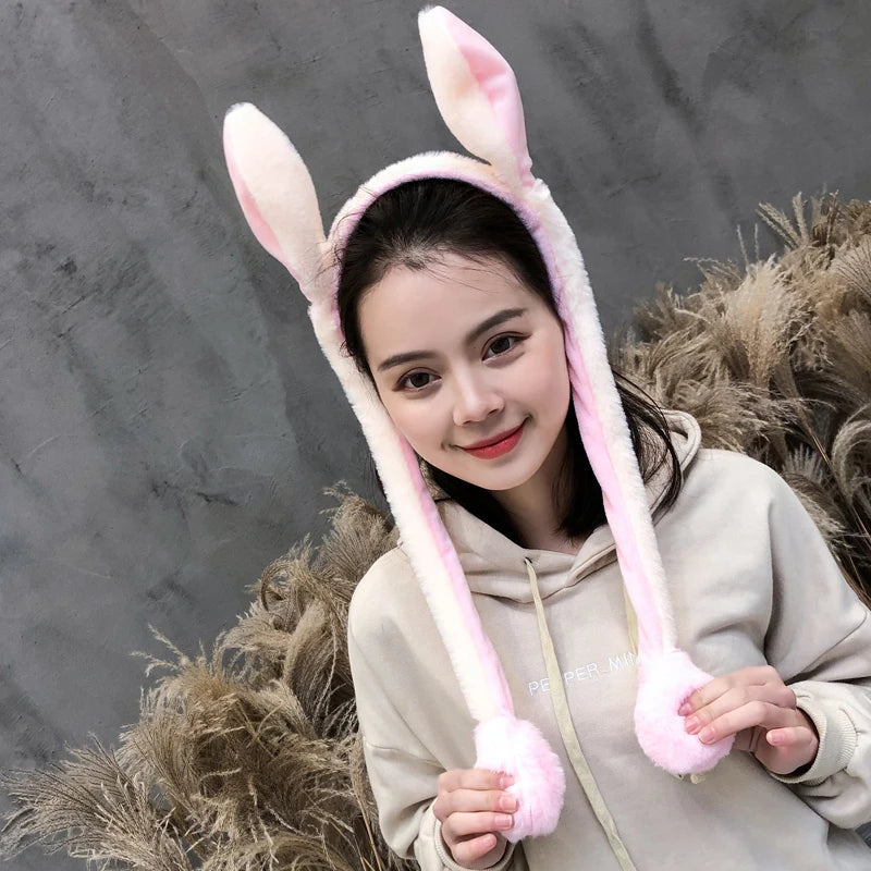 Rabbit Hat With Moving Ears Cute Plush Bunny Hair Band Funny Headband- Ears Popping Up When Pressing The Paws For Kids Adults