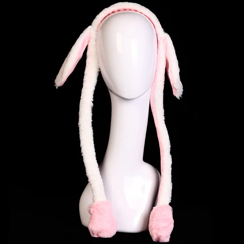 Rabbit Hat With Moving Ears Cute Plush Bunny Hair Band Funny Headband- Ears Popping Up When Pressing The Paws For Kids Adults