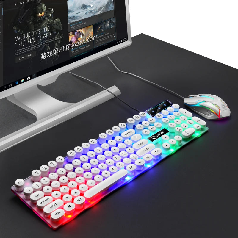 GTX300 Typewriter Keyboard and Mouse Set Punk Retro Keyboard Backlit Game USB Wired Keyboard and Mouse Set for PC Desktops