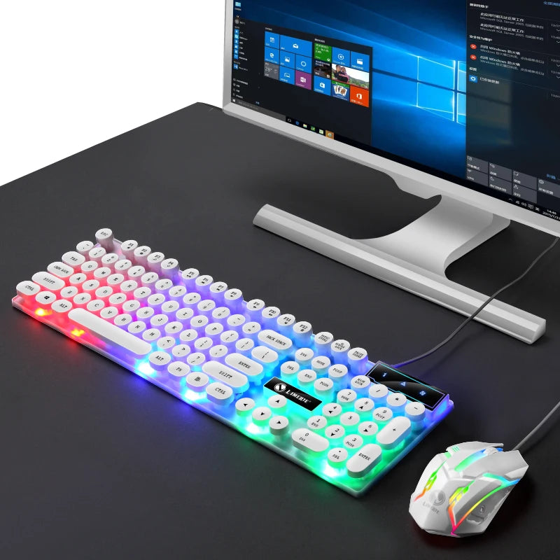 GTX300 Typewriter Keyboard and Mouse Set Punk Retro Keyboard Backlit Game USB Wired Keyboard and Mouse Set for PC Desktops