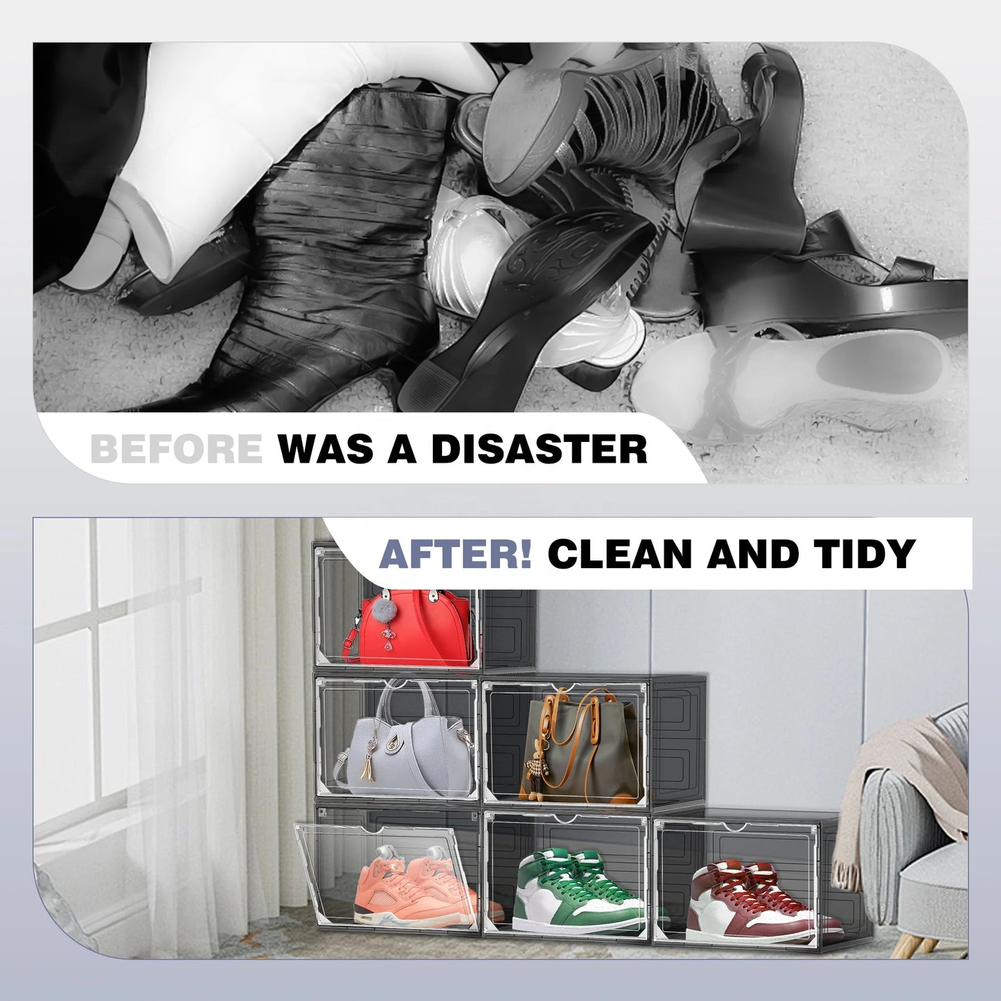 DAYOOH Custom Dust-proof Magnetic Sneaker Shoe Organizer Side Open Transparent Stackable Foldable Plastic Shoe Box