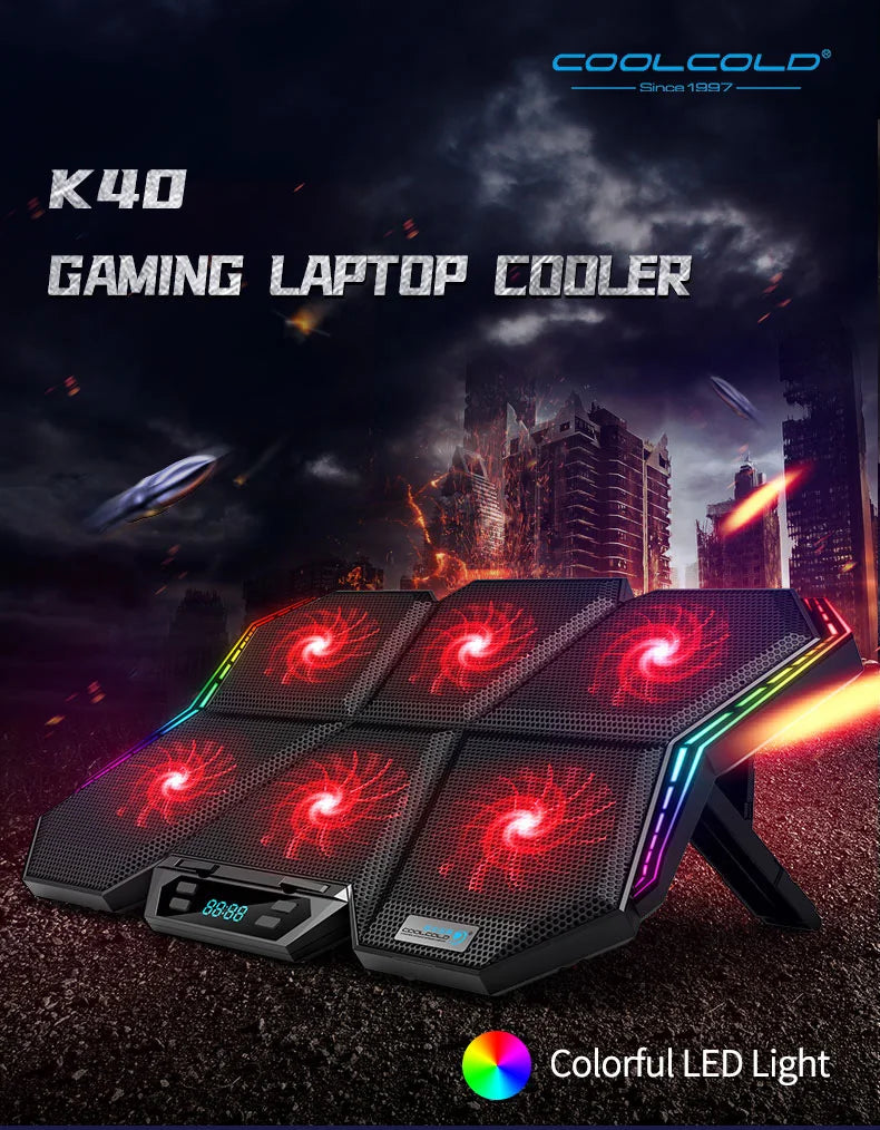 Coolcold Gaming RGB Laptop Cooler 12-17 Inch Led Screen Laptop Cooling Pad Notebook Cooler Stand With Six Fan And 2 USB Ports